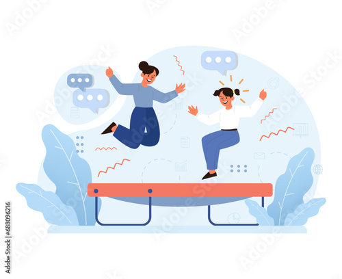 Joyful friends on a trampoline. Expressing happiness, they soar amidst digital icons and chat bubbles, capturing the essence of fun in a connected world. Euphoria meets technology. vector illustration