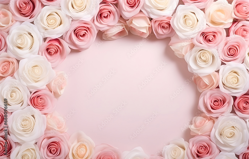colorful pastel rose flowers arch frame on white background for wedding holiday greeting card