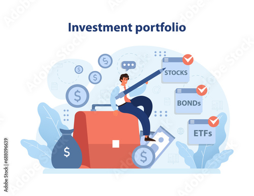 Investment portfolio concept. Energetic investor balances atop a briefcase, interacting with diverse financial assets like stocks, bonds, and ETFs. Wealth management strategy. Flat vector illustration