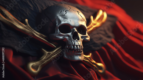 Metallic skull pirate pin on a waving red and black flag, hacker emblem, death danger symbol photo