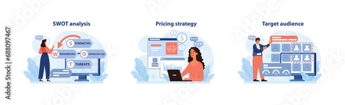 Business strategies set. Woman analyzes strengths and weaknesses, determining pricing strategies, and pinpointing target audience. Informed decisions, profitable results. Flat vector illustration