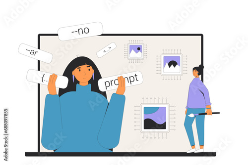 Prompt engineering course. Learning crafting precise instructions to AI. Vector illustration.