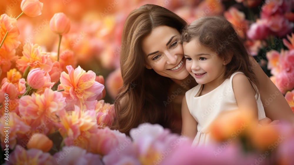 Fototapeta premium Mother and child hugging portrait background. Mother's Hug Day love family parenthood childhood togetherness father’s day concept.