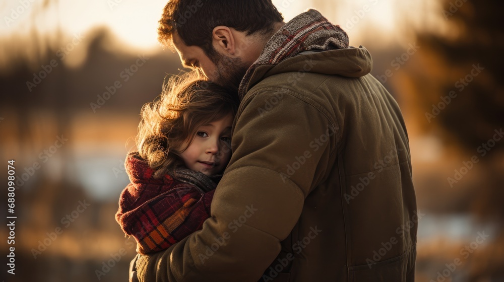 Father and child hugging portrait background. Mother's Hug Day love family parenthood childhood togetherness father’s day concept..