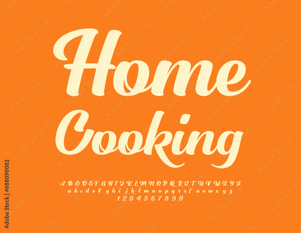 Vector cute logo Home Cooking. Stylish Calligraphic Font. Elegant Alphabet Letters and Numbers set