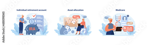 Retirement Planning set. Dive into Individual Retirement Accounts, savvy Asset Allocation, and understanding Medicare. Navigate financial waters for a secure future. Flat vector illustration.