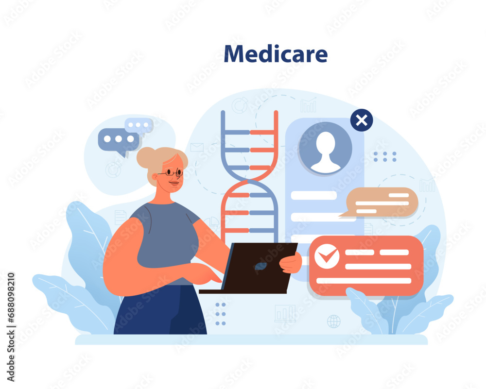 Medicare concept. Professional with laptop handles patient's DNA data and medical profile. Modern healthcare technology. Flat vector illustration.
