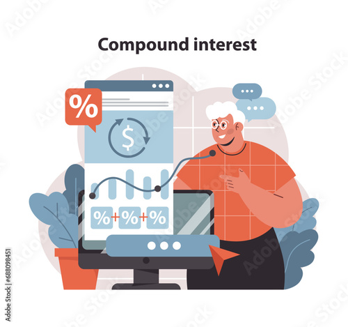 Compound Interest Concept. Understanding the power of exponential growth to boost retirement savings. Financial wisdom in action. Flat vector illustration.