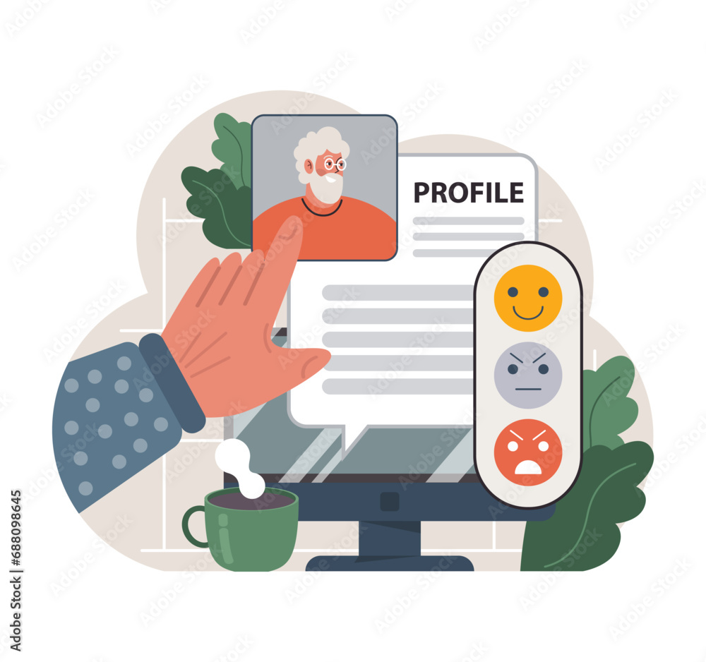 Elderly man's online dating profile on a computer screen, with an interface for selecting emotional responses, emphasizing modern senior digital interactions. Flat vector illustration