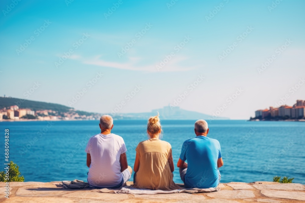 Fototapeta premium Retired couple finds tranquility in outdoor yoga by the sea harmonizing with nature, embodying well-being