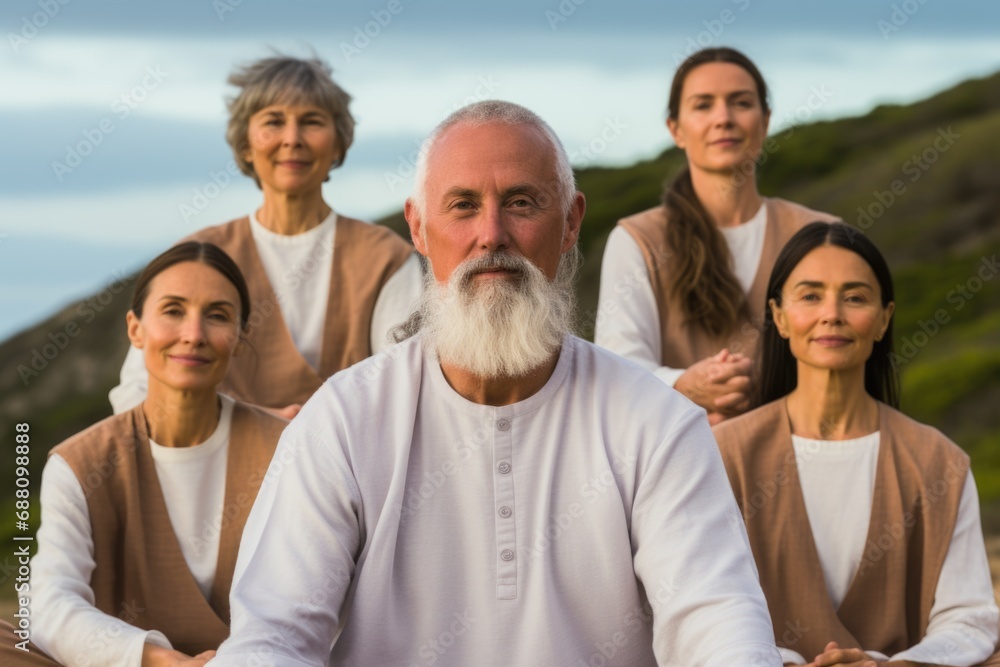 Seniors of European descent peacefully practice yoga by the ocean a serene gathering, embracing well-being