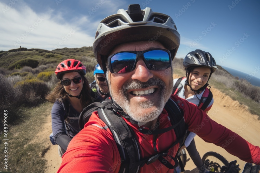 Riding bicycles by the sunny shore, a group of seniors basks in the warmth of a spring day Riding bicycles by the sunny shore, a group of seniors basks in the warmth of a spring day