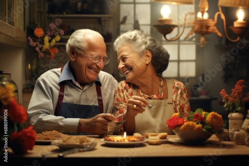 A senior couple relishes a delightful meal in their sunlit European kitchen, enjoying a colorful array of wholesome vegetables