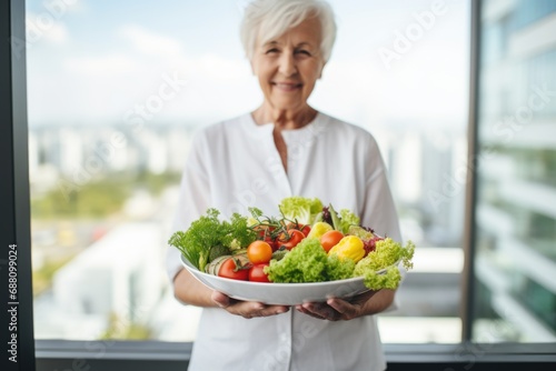 In a display of satisfaction, an older woman cradles a plate containing a wholesome veggie salad