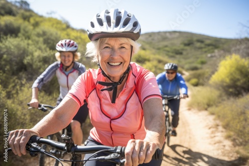 An ensemble of seniors joyfully pedaling along the coastline on a sunlit spring day, embracing the freedom of cycling
