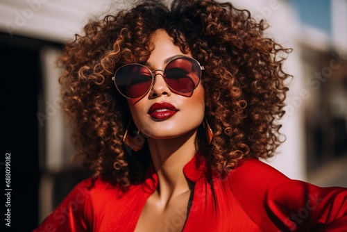A Stylish Woman in Sunglasses and a Vibrant Red Shirt