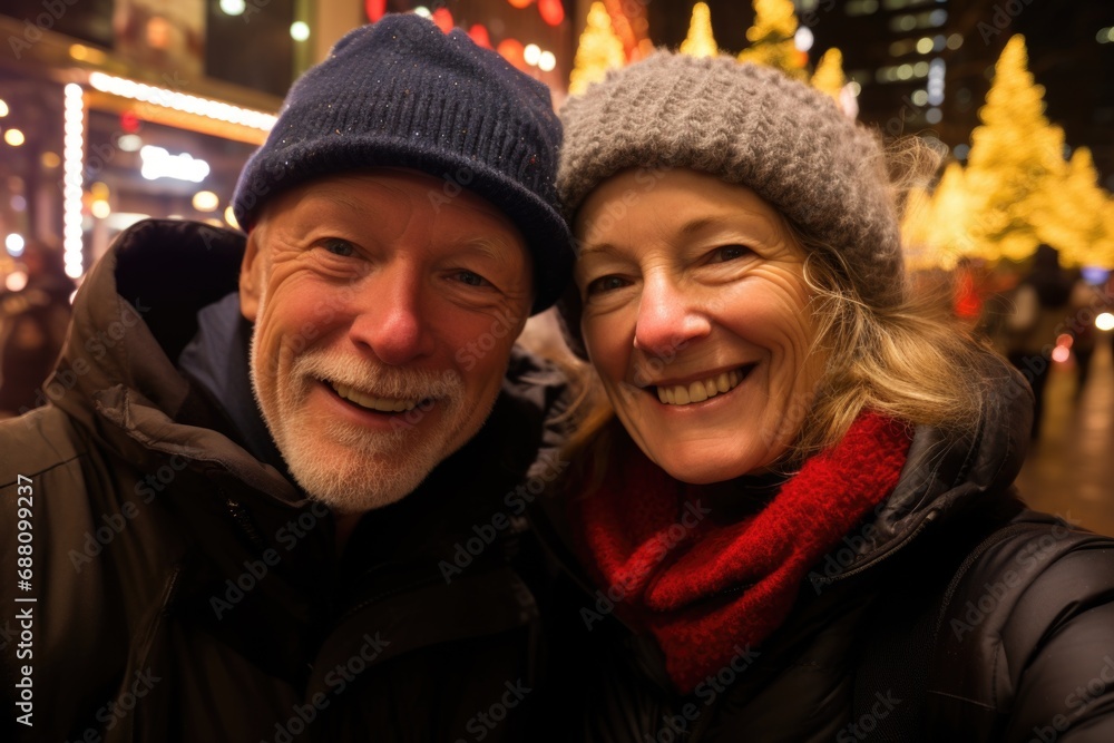 Against the backdrop of city lights and a festive New Year tree, two delighted European pensioners take a cheerful holiday selfie Against the backdrop of city lights and a festive New Year tree, two delighted European pensioners take a cheerful holiday selfie