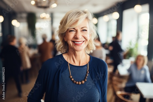 A Happy Woman Standing in a Restaurant © Virginie Verglas