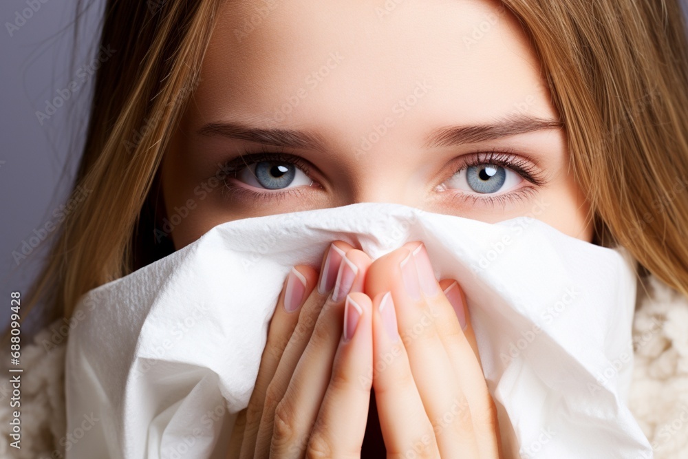 Woman with a cold blowing her nose Woman with a cold blowing her nose