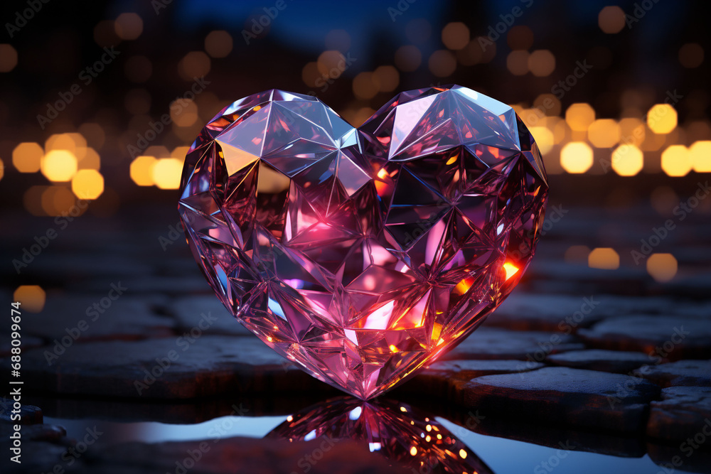 A pink big diamond heart shining standing on a wet pavement. Bokeh lights on a dark base in the background. Copy space.