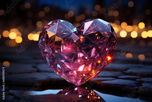 A pink big diamond heart shining standing on a wet pavement. Bokeh lights on a dark base in the background. Copy space.