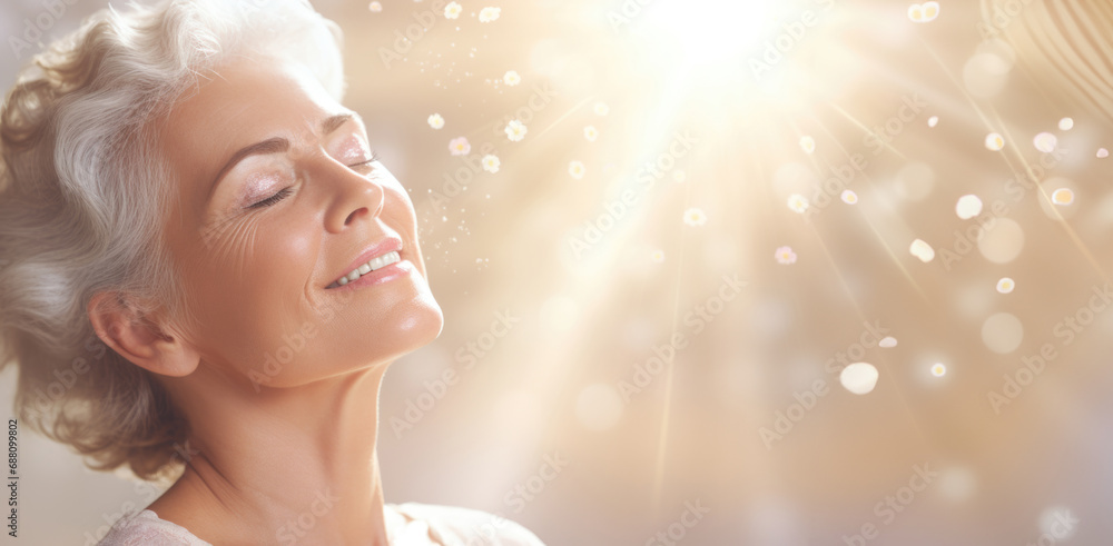 In the gentle rays of the sun, an older woman's portrait reveals serenity, her closed eyes embracing the peaceful embrace of golden sunlight In the gentle rays of the sun, an older woman's portrait reveals serenity, her closed eyes embracing the peaceful embrace of golden sunlight