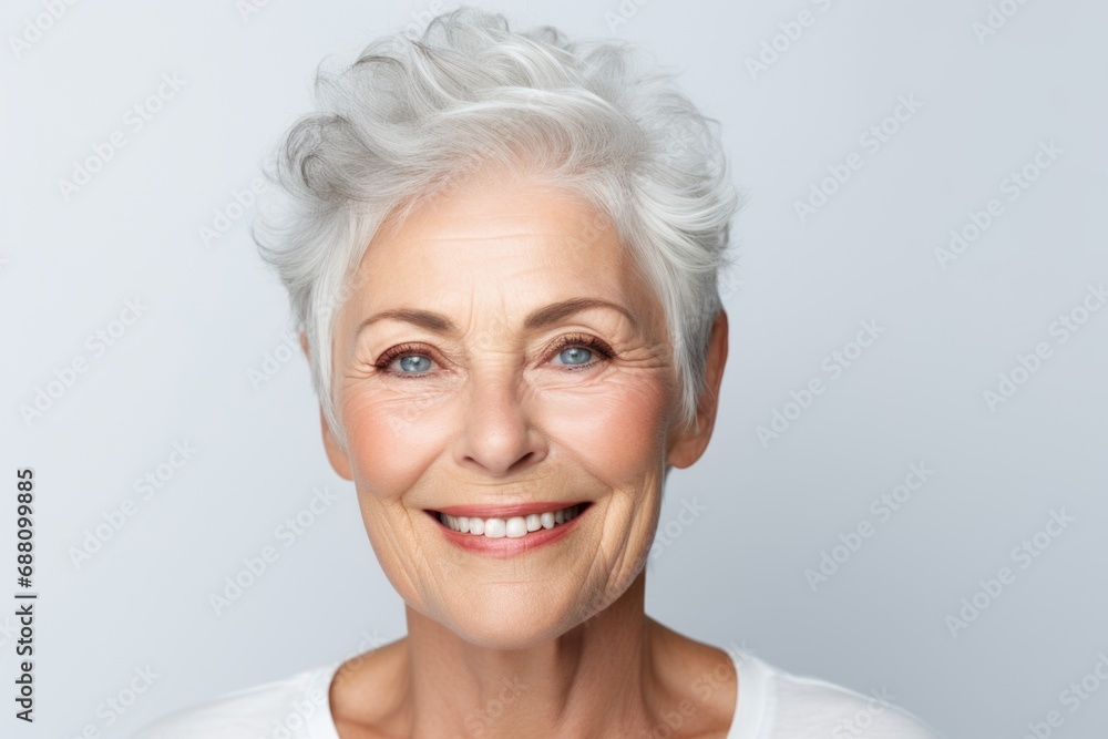 A cheerful elderly woman with a content smile radiates joy against a pure white background