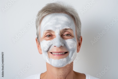 Set against a white canvas, a woman applies facial cream, portraying the beauty and poise in embracing the natural aging journey