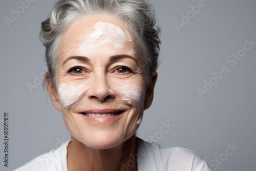 On a clean white canvas, a woman embraces skincare with cream on her face, highlighting the elegance and care in the process of aging