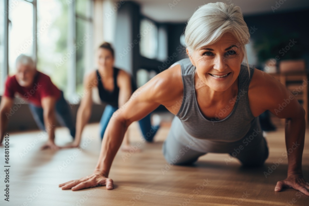 Against the backdrop of exercise equipment, a senior woman smiles, finding joy in her fitness routine Against the backdrop of exercise equipment, a senior woman smiles, finding joy in her fitness routine