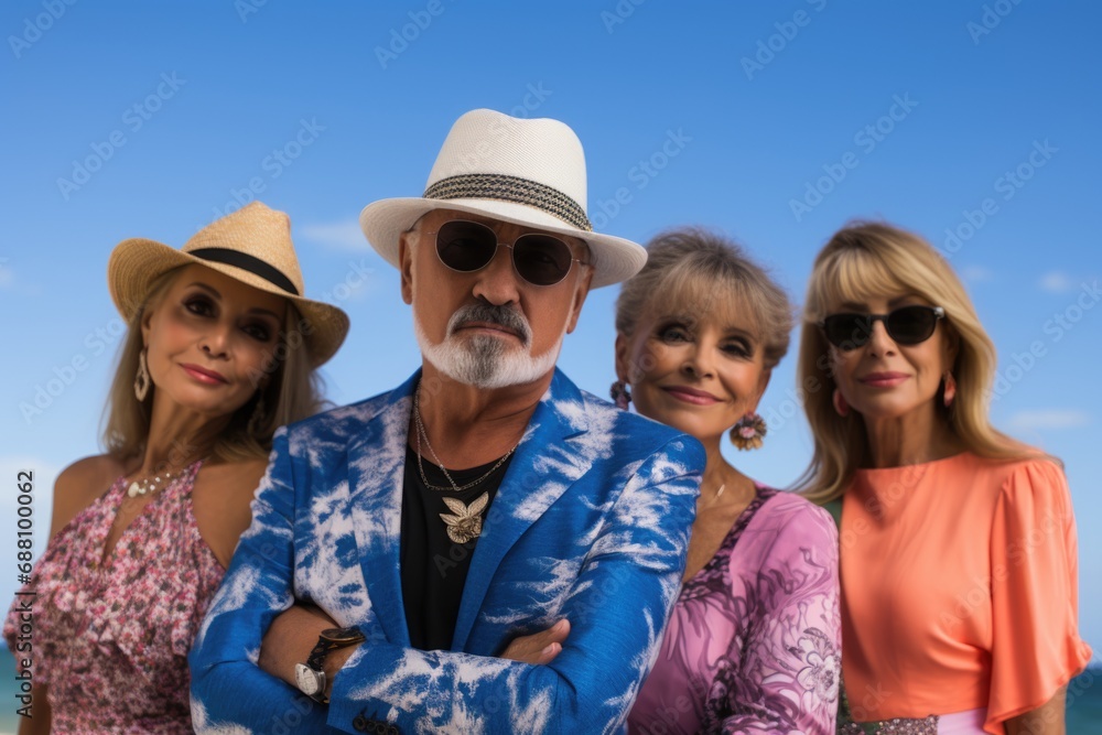 On a sunlit background, a group of content European pensioners, wearing summer outfits and sunglasses, exemplifies the beauty of summer serenity On a sunlit background, a group of content European pensioners, wearing summer outfits and sunglasses, exemplifies the beauty of summer serenity