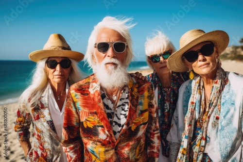 Against a backdrop of blue skies, a satisfied assembly of European retirees in summer clothes and sunglasses basks in the warmth of collective happiness © Konstiantyn Zapylaie