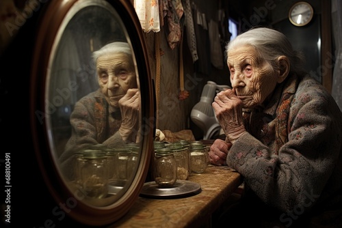 Wallpaper Mural The portrait captures an elderly woman standing before the mirror, her reflection revealing a lifetime of stories etched in the lines of her wise and weathered face Torontodigital.ca