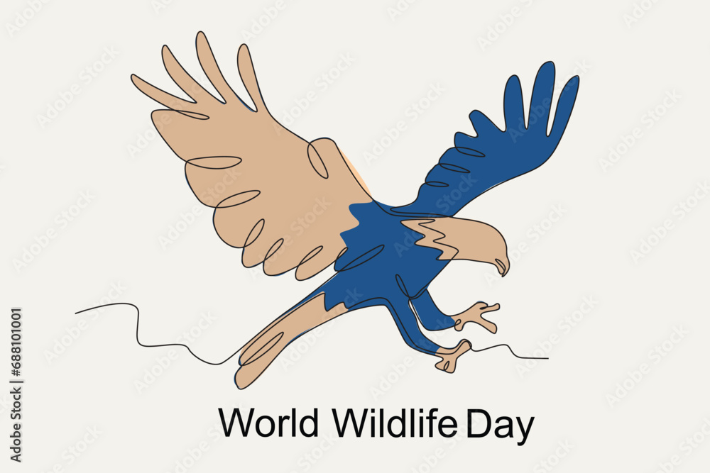 Colored illustration of a flying eagle. World Wildlife Day one-line drawing