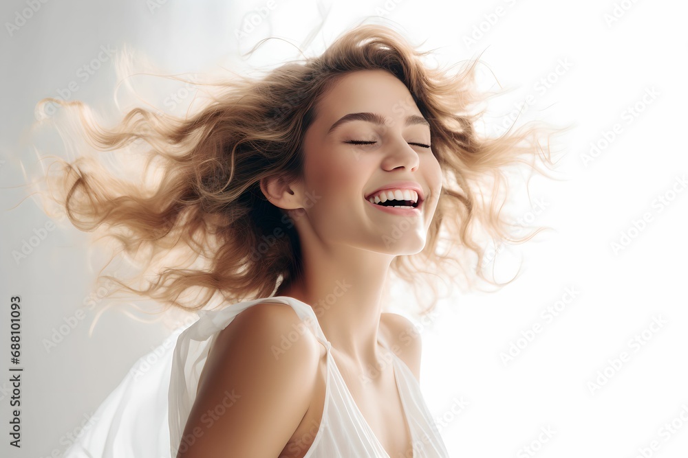 Beautiful Woman in Joyous Moment on White, Isolated, Pristine White Background, Beauty, Joyful Beautiful Woman in Joyous Moment on White, Isolated, Pristine White Background, Beauty, Joyful