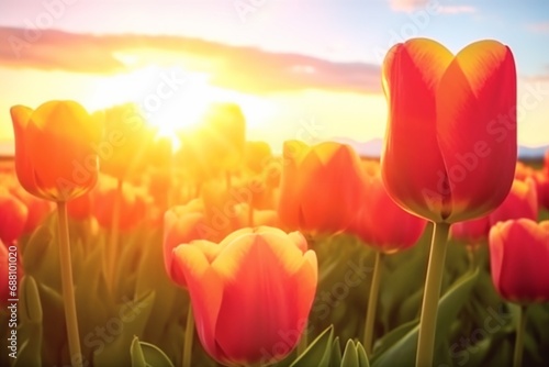 Spring tulip flower field at sunrise. generative ai.