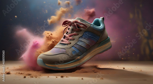 Beautiful sport shoe on air, explosion of colorful dust