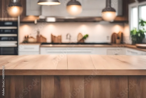 Beautiful wood table top with a blurred background of a modern kitchen decor in a bright and tidy environment