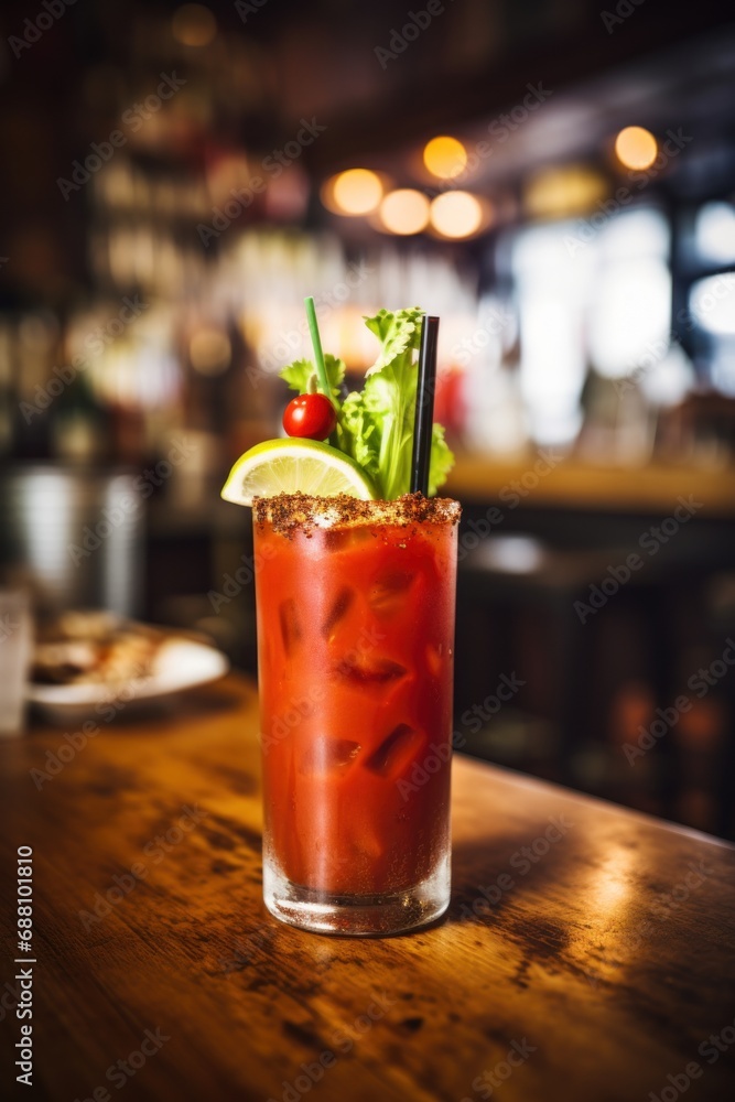 Bloody Mary Cocktail on wooden bar counter