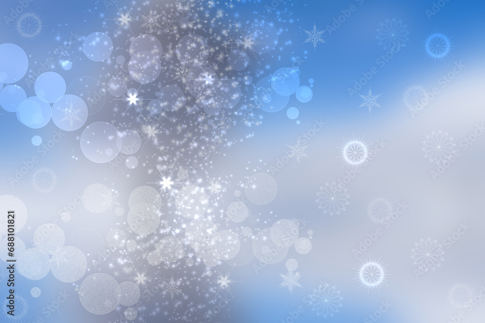 Abstract blurred festive light blue winter christmas or Happy New Year background with shiny blue and white bokeh lighted snowflakes and stars. Space for your design. Card concept.