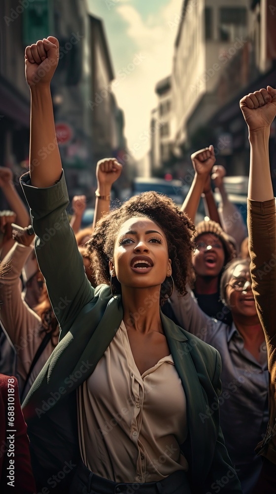 Women's Day. Group of united multiracial multicultural women claiming their power in the streets Generative AI Women's Day. Group of united multiracial multicultural women claiming their power in the streets Generative AI