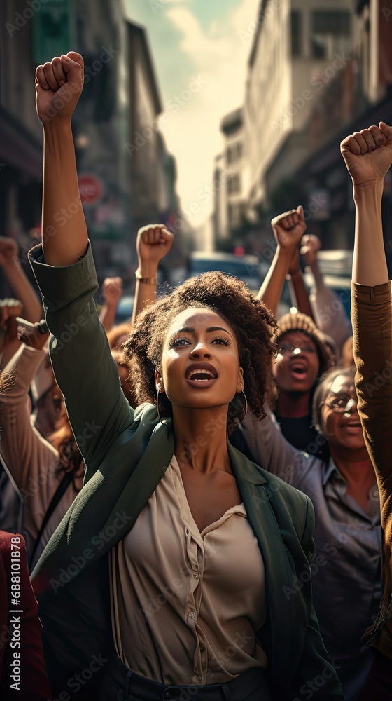 Women's Day. Group of united multiracial multicultural women claiming their power in the streets Generative AI