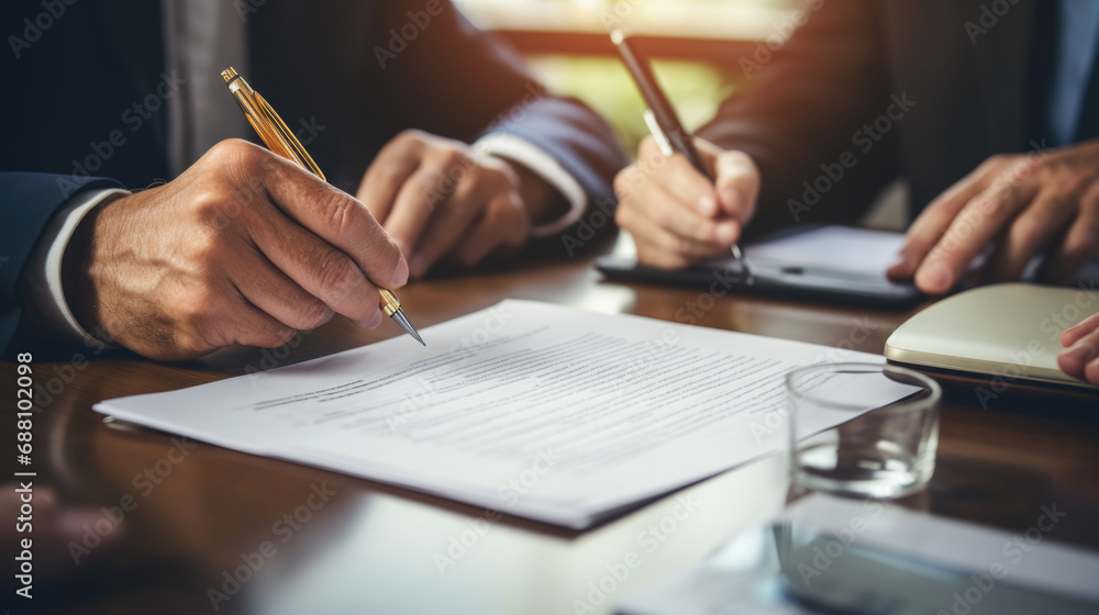 Close-up view of hands signing a document, with multiple individuals engaged in a business meeting around a table. Close-up view of hands signing a document, with multiple individuals engaged in a business meeting around a table.