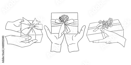Contour hand drawn doodle set with hands and gifts. Tiny hands giving present on holiday. Christmas, Valentines, birthday concept compositions. Ideal for tattoo, sticker, decoration, printout
