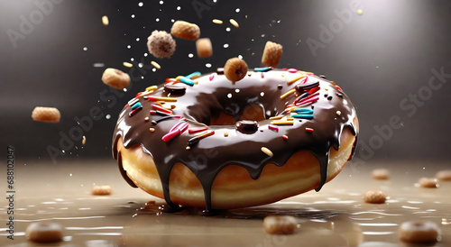 Real photo of floating chocolate donuts decorated with small colored chocolates