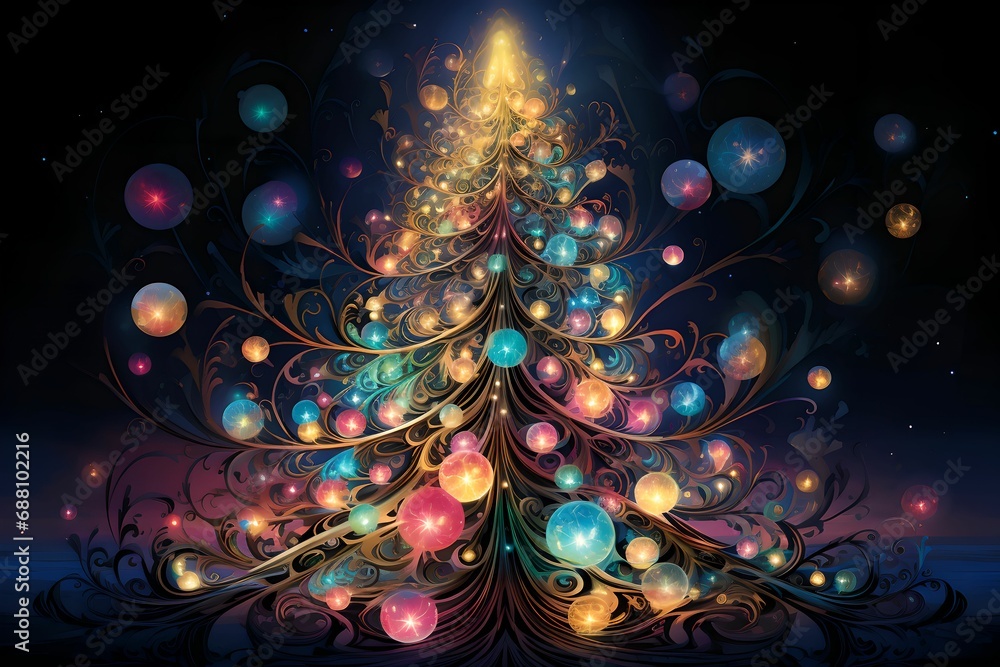 Digital Illustration of Whimsical Christmas Tree, digital illustration, Christmas tree, whimsical, colorful lights Digital Illustration of Whimsical Christmas Tree, digital illustration, Christmas tree, whimsical, colorful lights