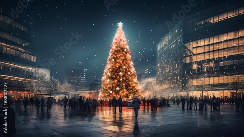 Towering Christmas Tree in Festive Square, city square, Christmas tree, holiday celebration, vibrant lights photo