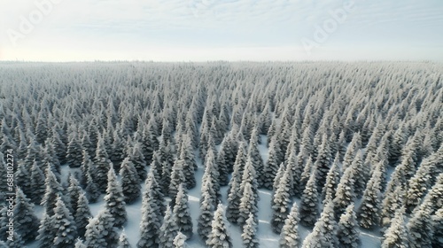 Aerial View of Snowy Christmas Tree Forest, aerial view, snowy forest, Christmas tree farm, winter landscape