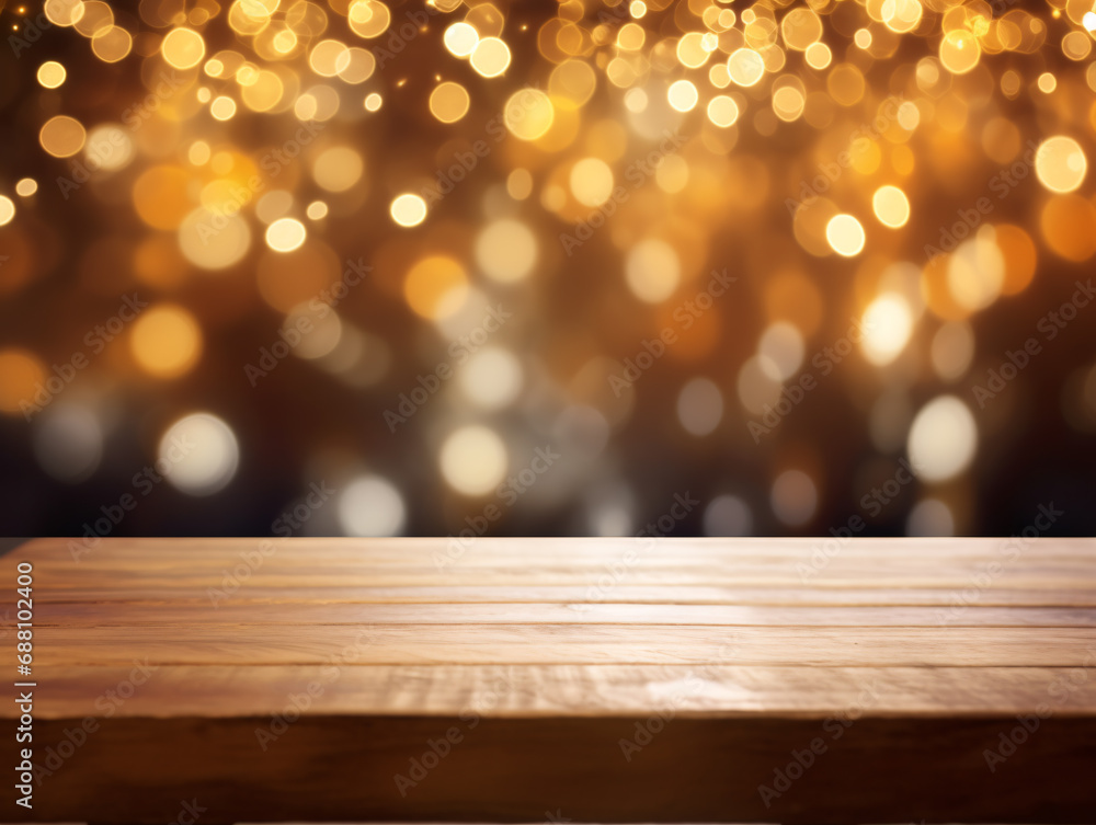 Empty wooden table top with bokeh lights on blur restaurant or cafe background. Empty wooden table top with bokeh lights on blur restaurant or cafe background.