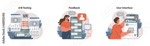 UX Design set. Digital AB testing, user feedback collection, streamlined mobile interface. Seamless navigation, enhanced user engagement. Flat vector illustration